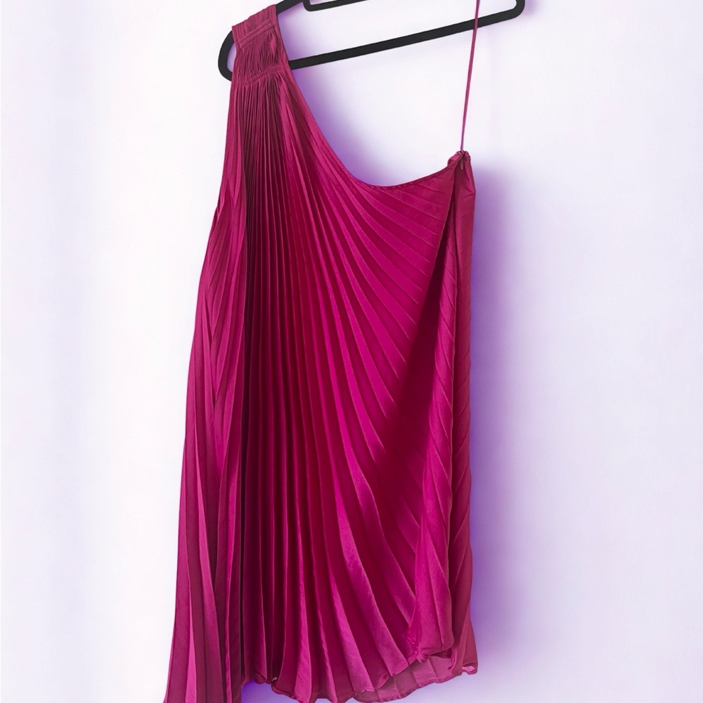 Banana Republic Fuchsia “Purple Planet” Asymmetrical Pleated Mini Dress Small - Picture 3 of 7